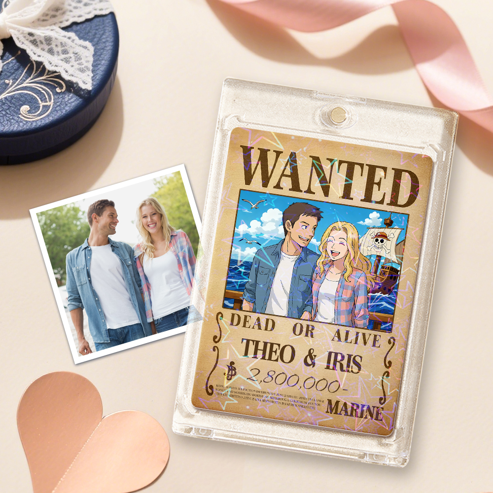 Custom Anime Bounty Couple Portrait Game Card, Personalized WANTED Bounty Card with Holographic Foil, Unique Gift for Couples & Friends