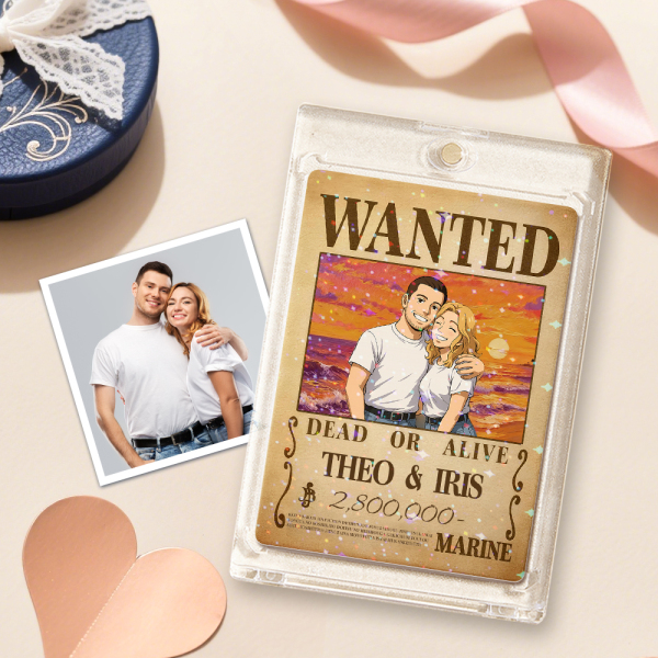 Custom Anime Bounty Couple Portrait Game Card, Personalized WANTED Bounty Card with Holographic Foil, Unique Gift for Couples & Friends