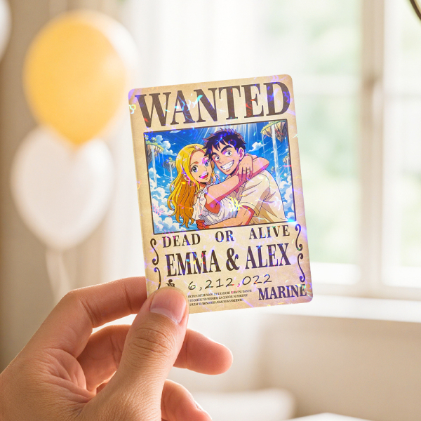 Custom Anime Bounty Couple Portrait Game Card, Personalized WANTED Bounty Card with Holographic Foil, Unique Gift for Couples & Friends