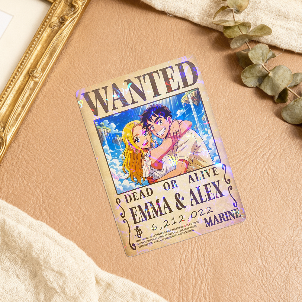 Custom Anime Bounty Couple Portrait Game Card, Personalized WANTED Bounty Card with Holographic Foil, Unique Gift for Couples & Friends