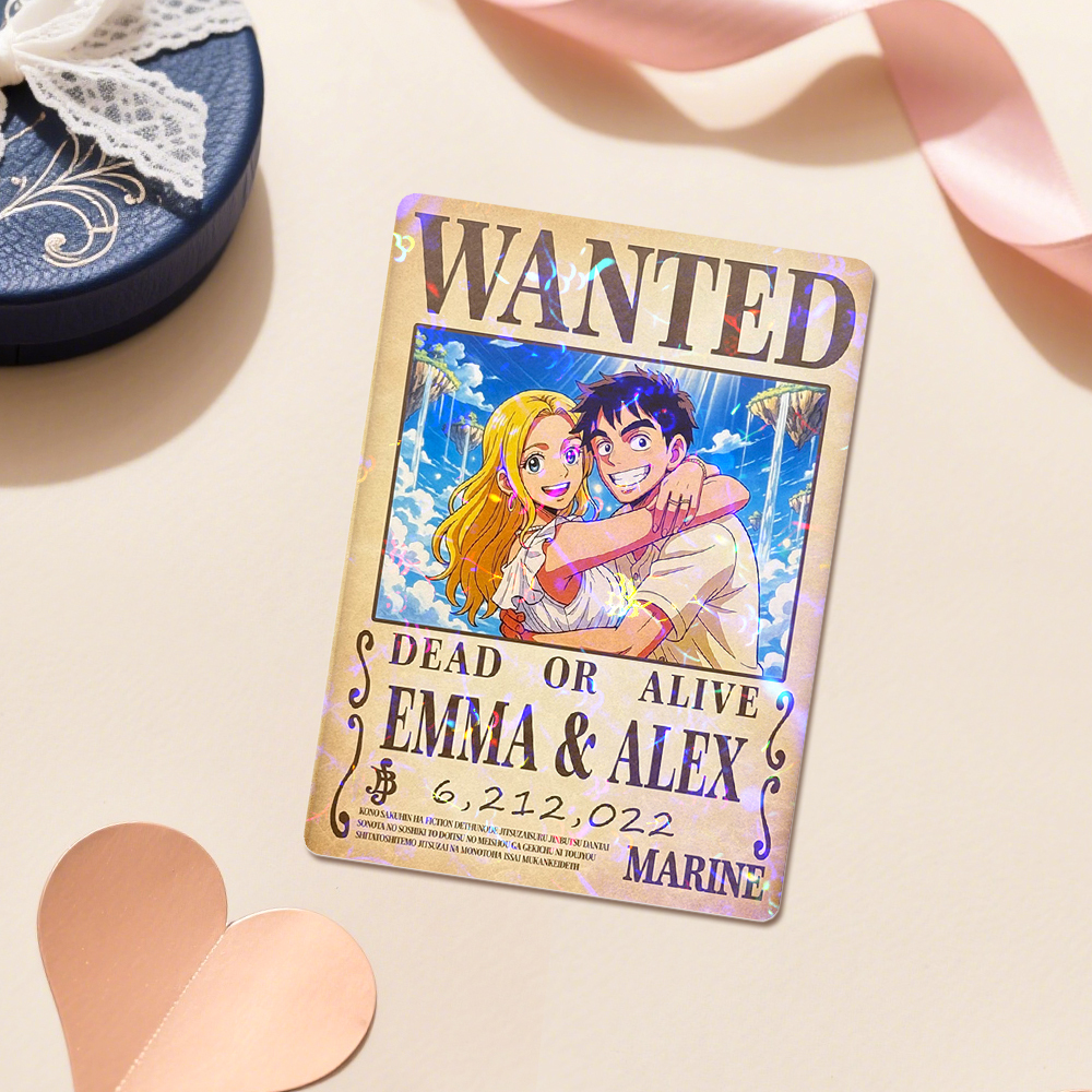 Custom Anime Bounty Couple Portrait Game Card, Personalized WANTED Bounty Card with Holographic Foil, Unique Gift for Couples & Friends