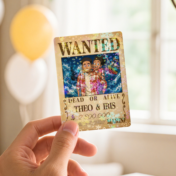 Custom Anime Bounty Couple Portrait Game Card, Personalized WANTED Bounty Card with Holographic Foil, Unique Gift for Couples & Friends