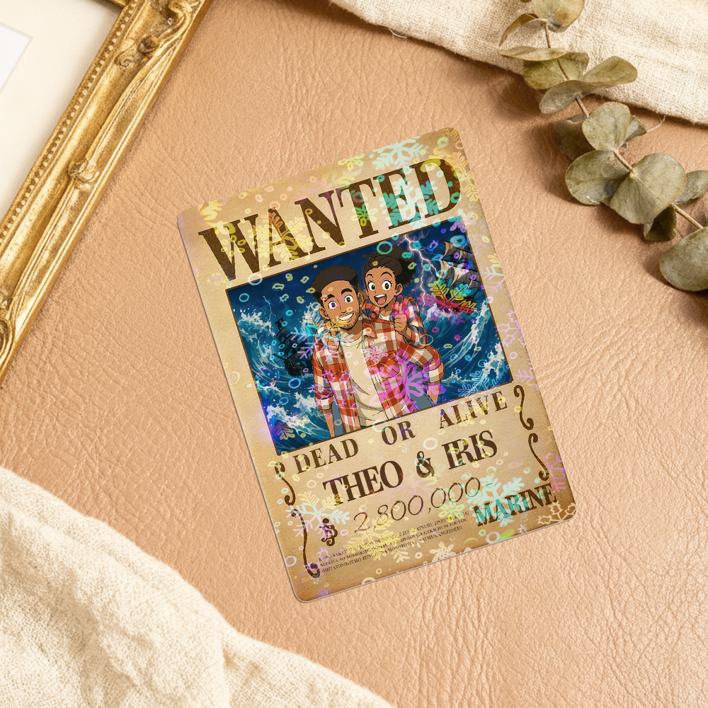 Custom Anime Bounty Couple Portrait Game Card, Personalized WANTED Bounty Card with Holographic Foil, Unique Gift for Couples & Friends