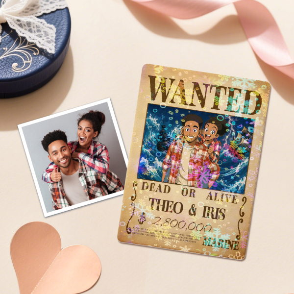 Custom Anime Bounty Couple Portrait Game Card, Personalized WANTED Bounty Card with Holographic Foil, Unique Gift for Couples & Friends