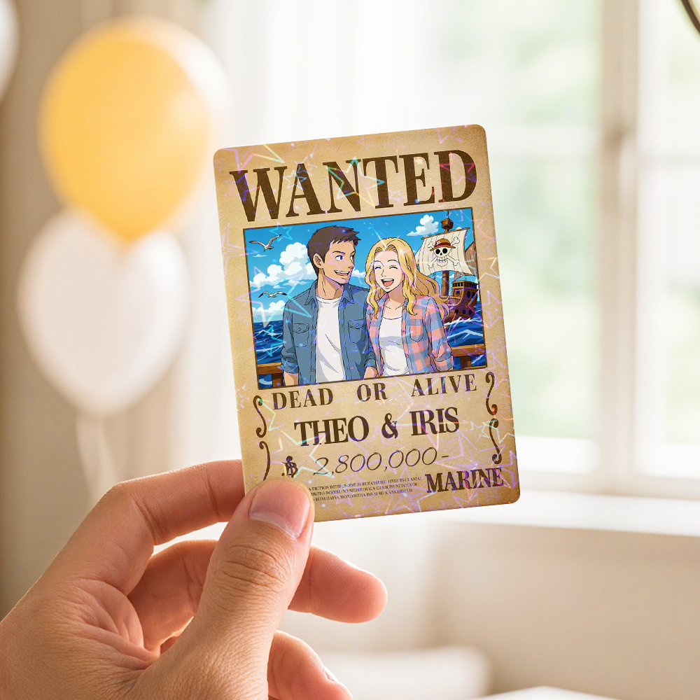 Custom Anime Bounty Couple Portrait Game Card, Personalized WANTED Bounty Card with Holographic Foil, Unique Gift for Couples & Friends