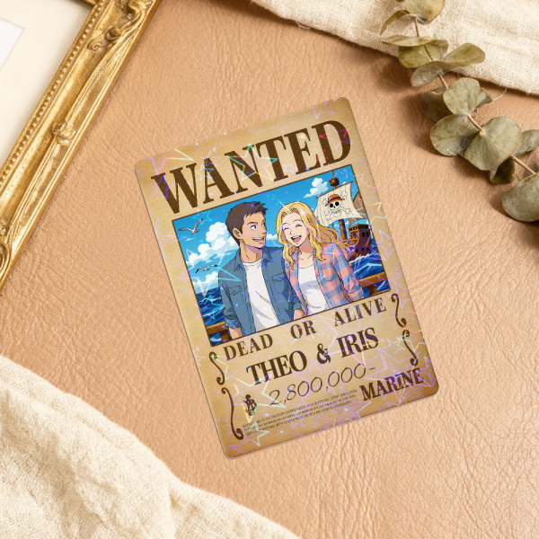 Custom Anime Bounty Couple Portrait Game Card, Personalized WANTED Bounty Card with Holographic Foil, Unique Gift for Couples & Friends