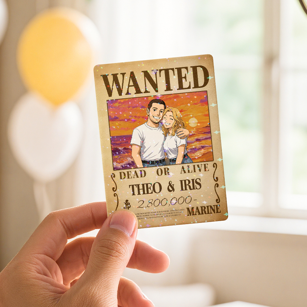 Custom Anime Bounty Couple Portrait Game Card, Personalized WANTED Bounty Card with Holographic Foil, Unique Gift for Couples & Friends