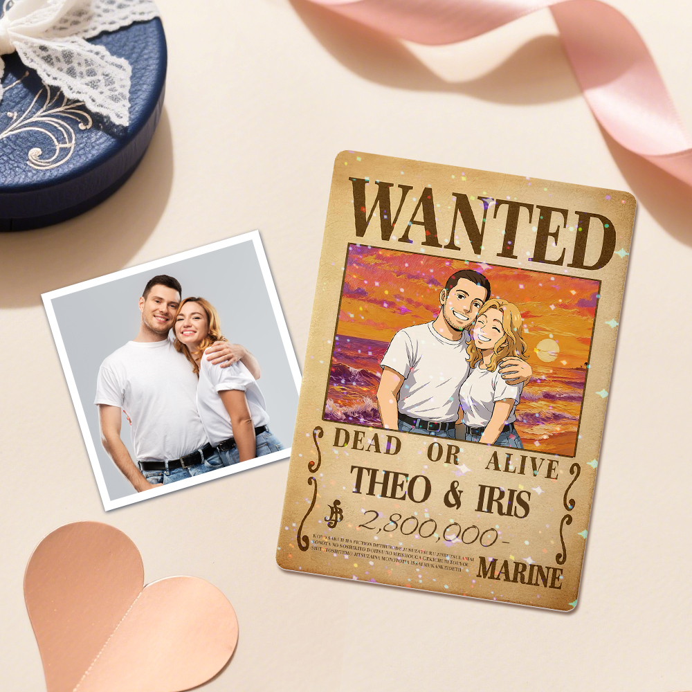 Custom Anime Bounty Couple Portrait Game Card, Personalized WANTED Bounty Card with Holographic Foil, Unique Gift for Couples & Friends
