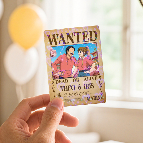 Custom Anime Bounty Couple Portrait Game Card, Personalized WANTED Bounty Card with Holographic Foil, Unique Gift for Couples & Friends