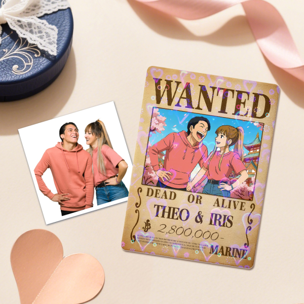 Custom Anime Bounty Couple Portrait Game Card, Personalized WANTED Bounty Card with Holographic Foil, Unique Gift for Couples & Friends