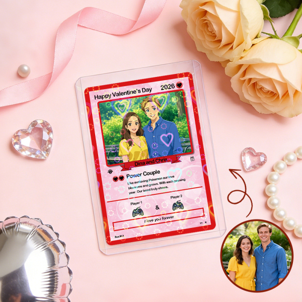 Personalized Valentine’s Day Power Couple Card, Custom Anniversary Card Couple Photo Anime Style, Best Valentine's Day Gift for Lover