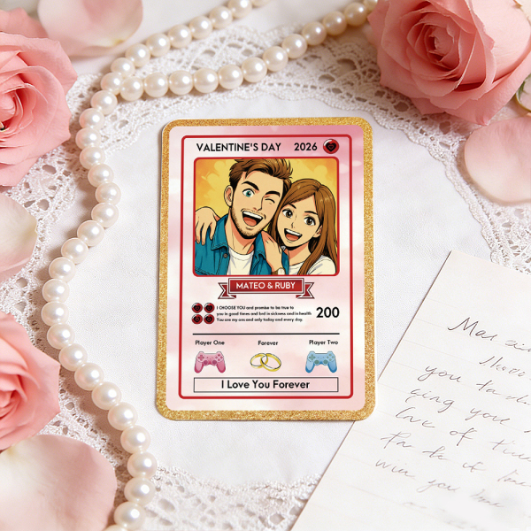Personalized Valentine’s Day Power Couple Card, Custom Anniversary Card Couple Photo Anime Style, Best Valentine's Day Gift for Lover