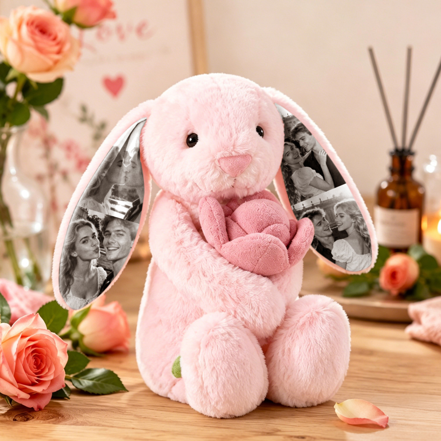 Custom Photo Red Love Heart Bunny Plush Personalized Hidden Ear Picture Bunny Gift for Couples Anniversary Gifts - Photowatch