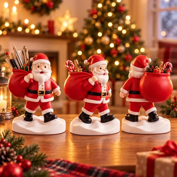 Santa Claus Figurine Pen Holder - Christmas Santa with Toy Sack Desk Organizer, Holiday Office Decor & Gift for Coworkers, Teachers & Family