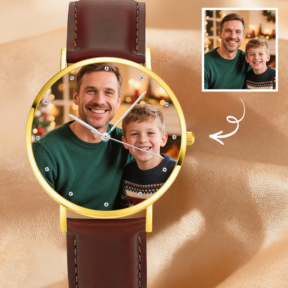 Personalized Engraved Watch, Photo Watch With Black Leather Strap