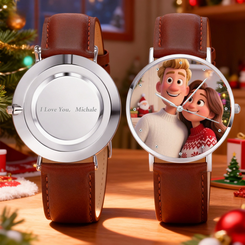 Personalized Engraved Watch, Photo Watch With Black Leather Strap