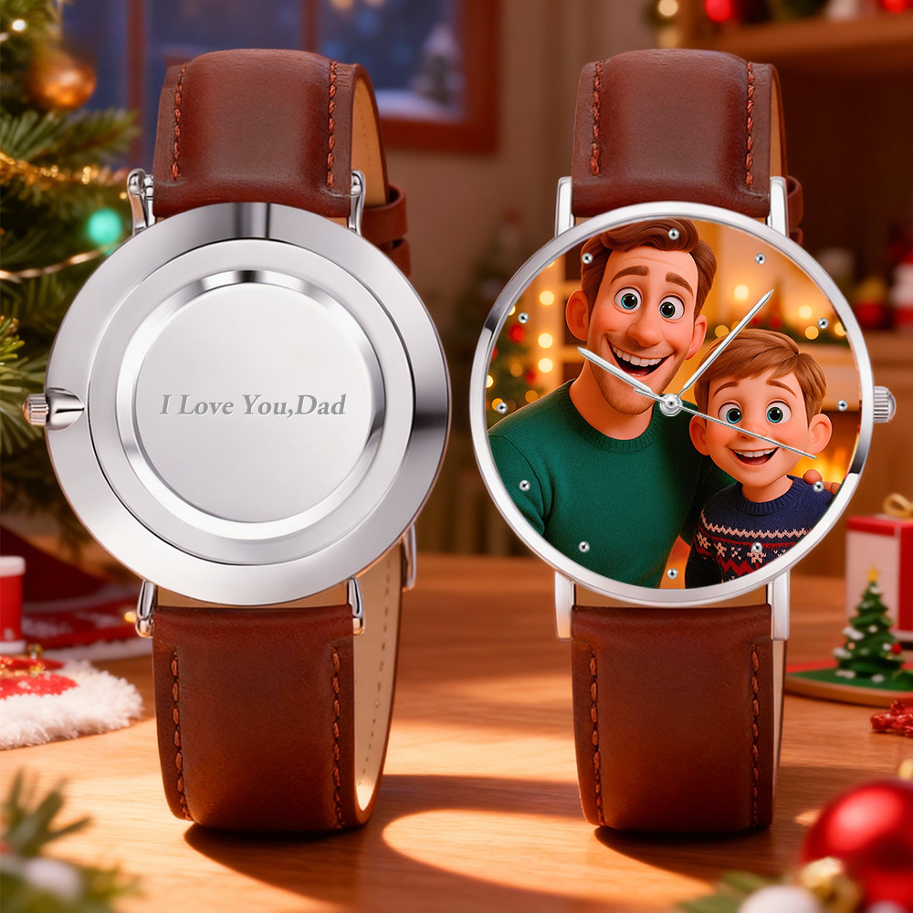 Personalized Engraved Watch, Photo Watch With Black Leather Strap