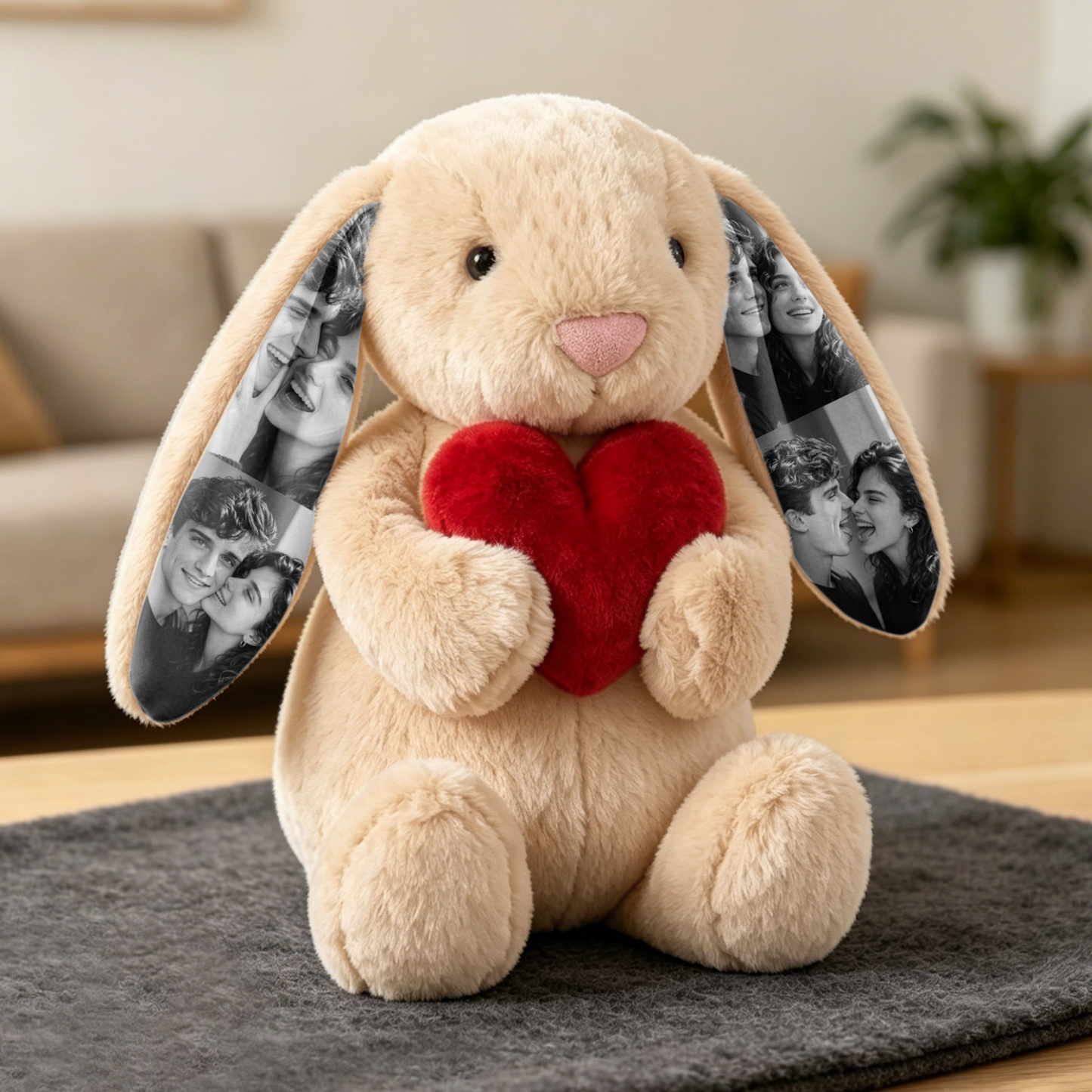 Custom Photo Red Love Heart Bunny Plush Personalized Hidden Ear Picture Bunny Gift for Couples Anniversary Gifts - Photowatch