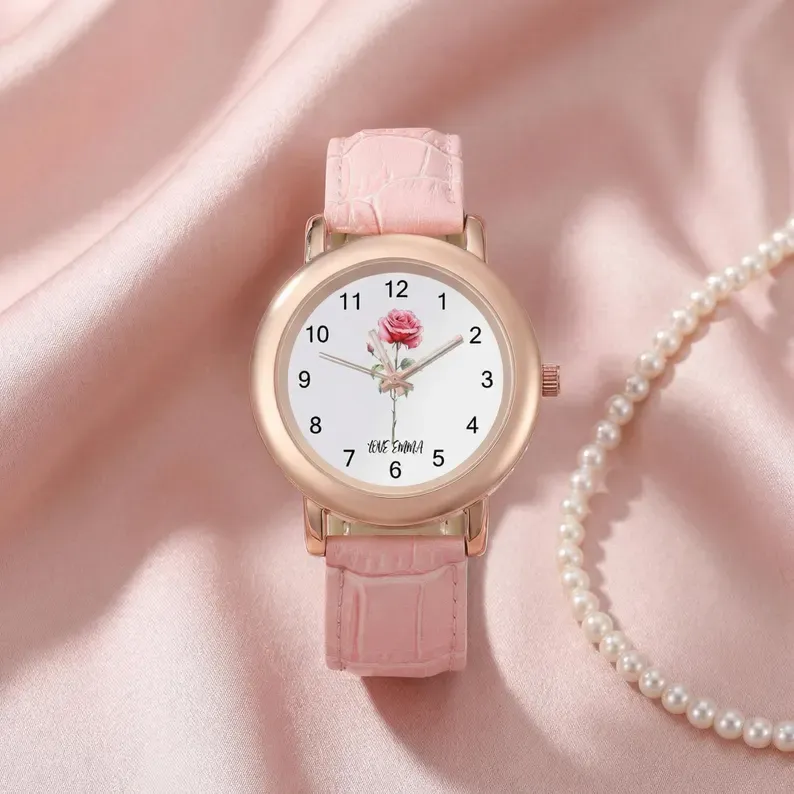Birth Flower Custom Watch for MOM, Personalized Floral Wrist Watch, Mothers Day Gift, Birthday Gift for Her, Engraved Name Watch