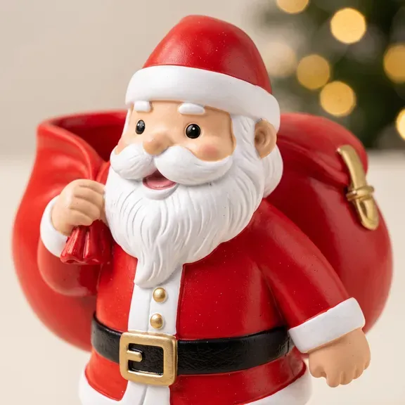Santa Claus Figurine Pen Holder - Christmas Santa with Toy Sack Desk Organizer, Holiday Office Decor & Gift for Coworkers, Teachers & Family