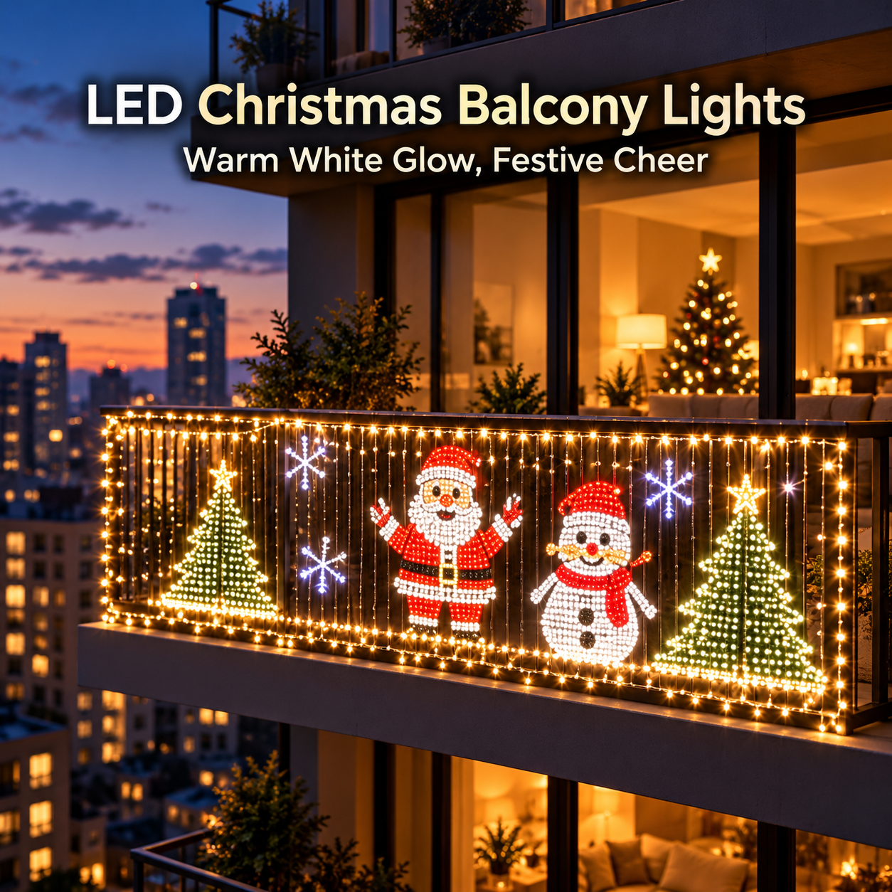 LED Christmas Balcony Lights with Festive Holiday Banner, Waterproof Outdoor String Light Set