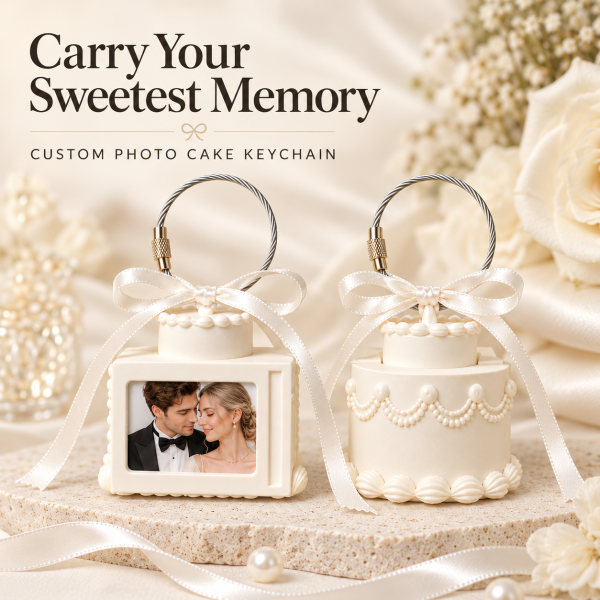 Personalized 3D Photo Cake Keychain Custom Picture Gift for Couples