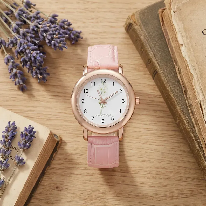 Birth Flower Custom Watch for MOM, Personalized Floral Wrist Watch, Mothers Day Gift, Birthday Gift for Her, Engraved Name Watch