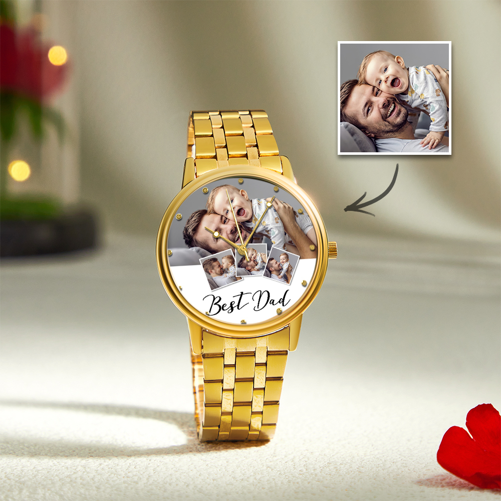 Personalized Engraved Photo Watch Men's Black Alloy Bracelet Photo Watch Father's Day Gifts For Dad - soufeelus