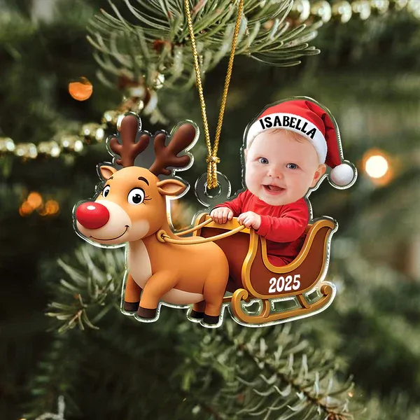 Custom Baby Photo Reindeer Christmas Acrylic Ornament - Photowatch