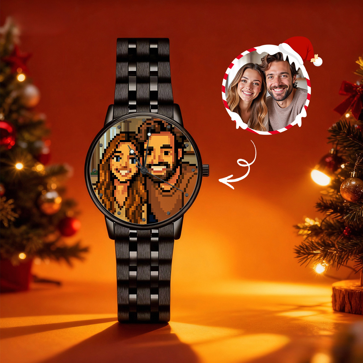 Custom Cartoon Photo Watch · Black Steel Edition | Timeless Love in Every Second | Best Christmas Gift for Family, Couple, Friend