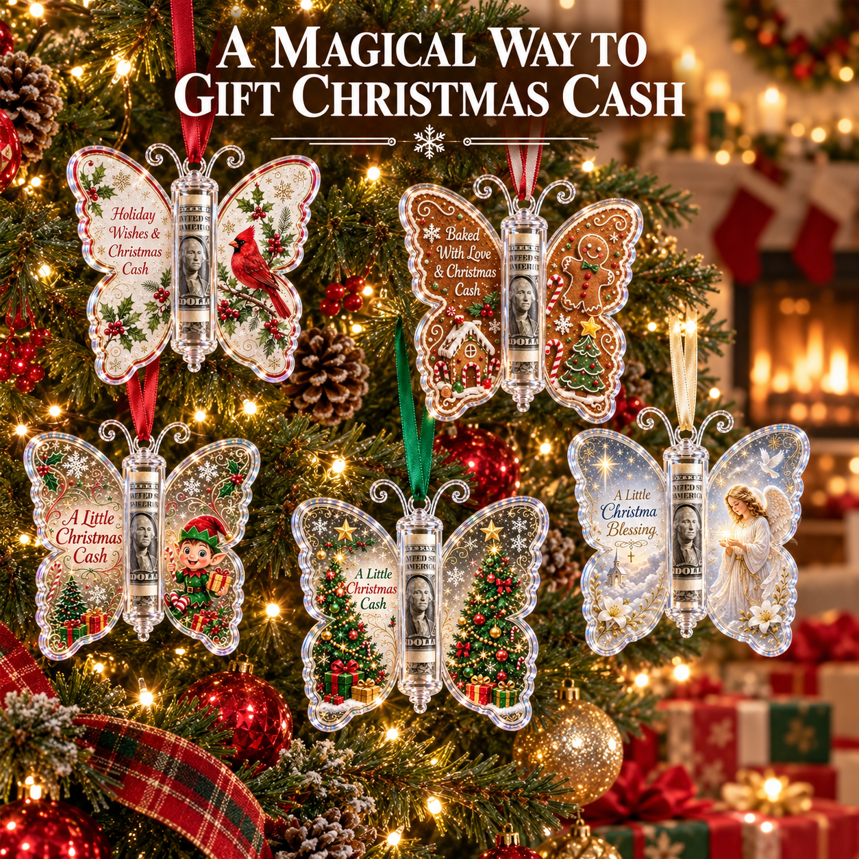 Christmas Cash Gift Butterfly Ornament Creative Money Holder Keepsake Christmas Tree Decoration Gift for Kids Family and Friends