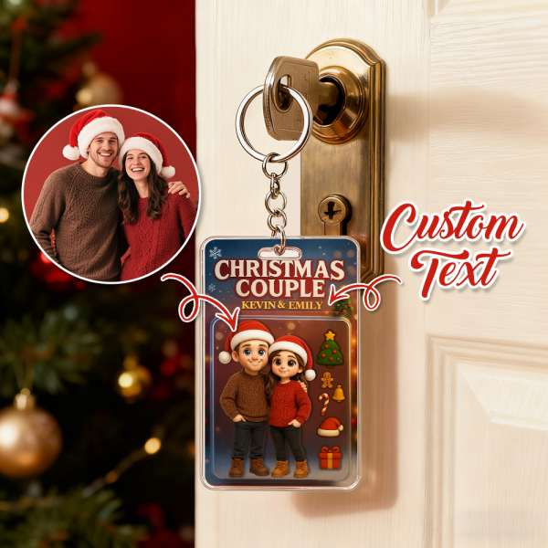 Custom Cartoon Christmas Couple Action Figure Keychain, A Heartwarming Holiday Keepsake, Best Christmas Gift for Him - Photowatch