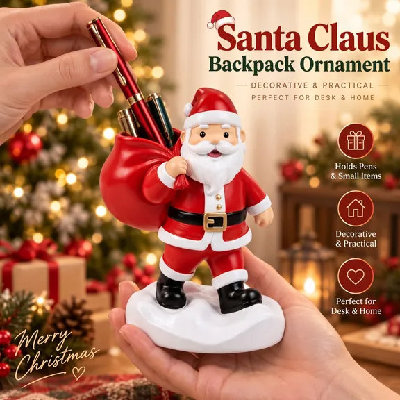 Santa Claus Figurine Pen Holder - Christmas Santa with Toy Sack Desk Organizer, Holiday Office Decor & Gift for Coworkers, Teachers & Family