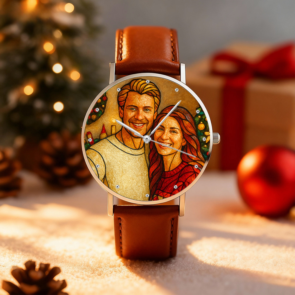 Personalized Engraved Watch, Photo Watch With Black Leather Strap