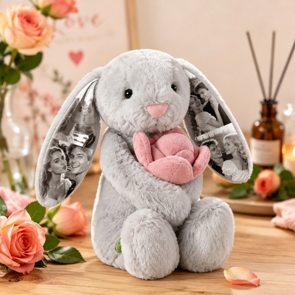 Custom Photo Red Love Heart Bunny Plush Personalized Hidden Ear Picture Bunny Gift for Couples Anniversary Gifts - Photowatch