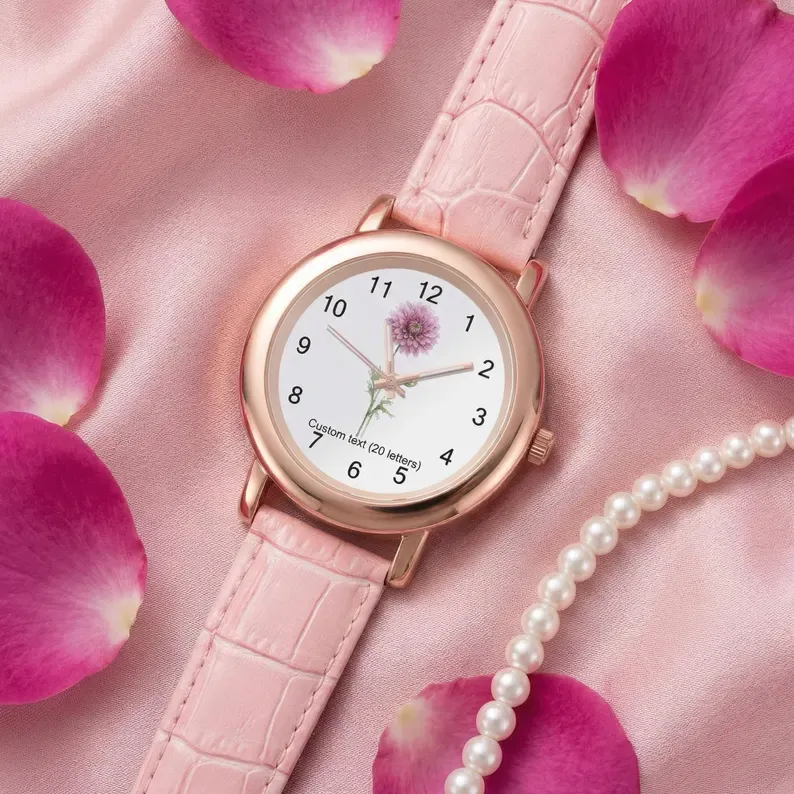 Birth Flower Custom Watch for MOM, Personalized Floral Wrist Watch, Mothers Day Gift, Birthday Gift for Her, Engraved Name Watch