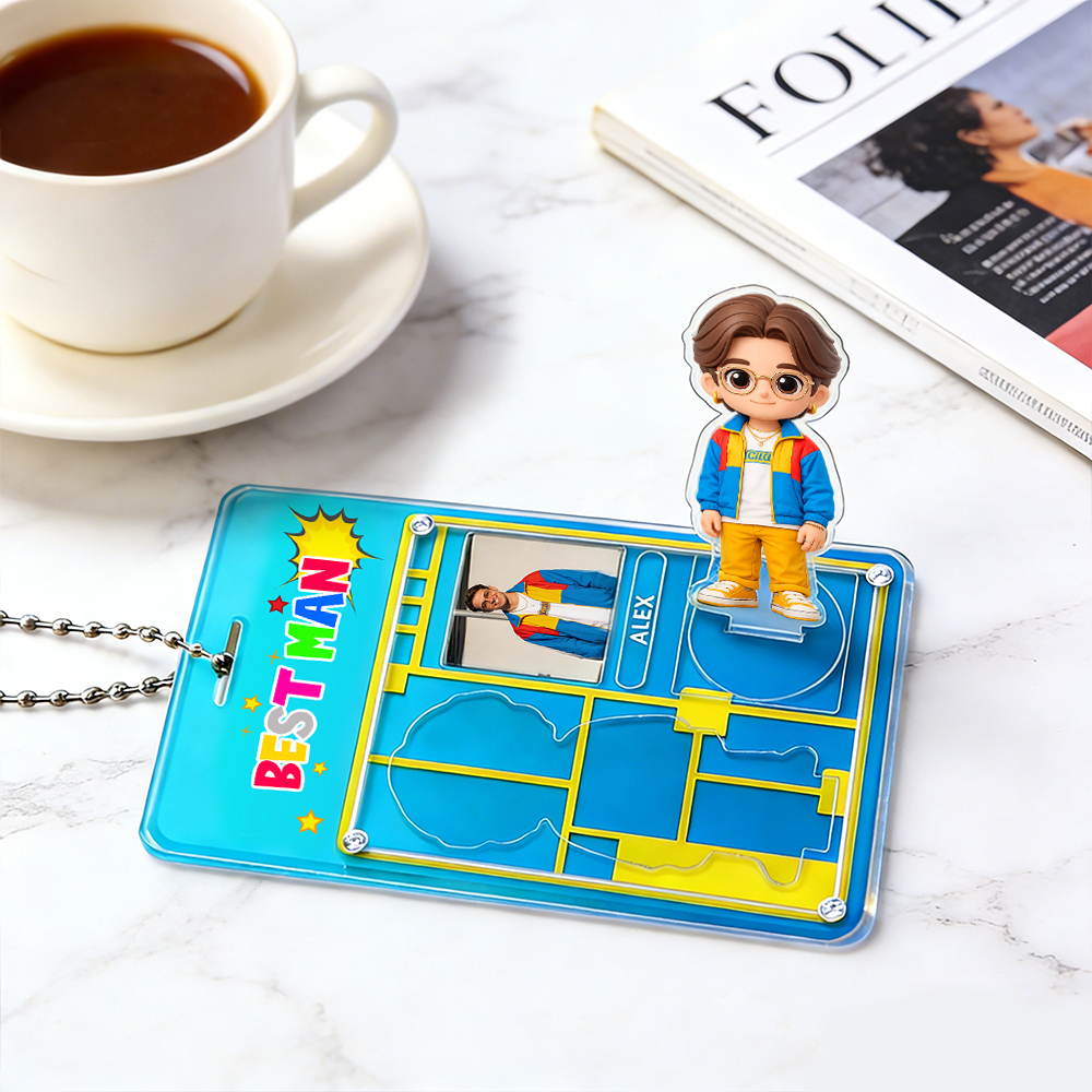 Personalized Couple Photo Keychain with Mini Me Standee, Custom Cartoon Figure & Name Love Tag, Best Valentine’s Gift for Couple