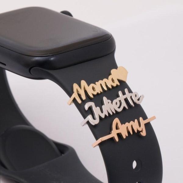 Custom Apple Watch Name Mama Tag Charm, Personalize Smart Watch Straps Charm, Solid Gold Smart Watch Tag, Name Figure Accessories