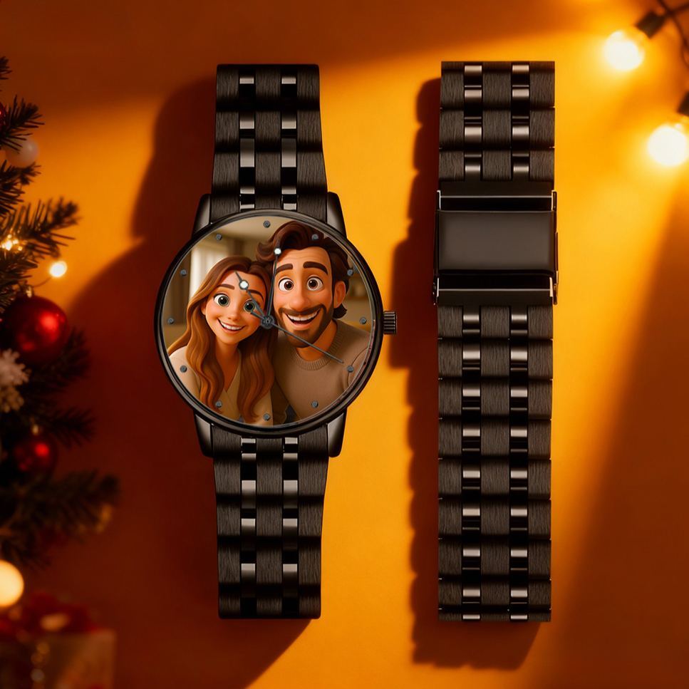 Custom Cartoon Photo Watch · Black Steel Edition | Timeless Love in Every Second | Best Christmas Gift for Family, Couple, Friend