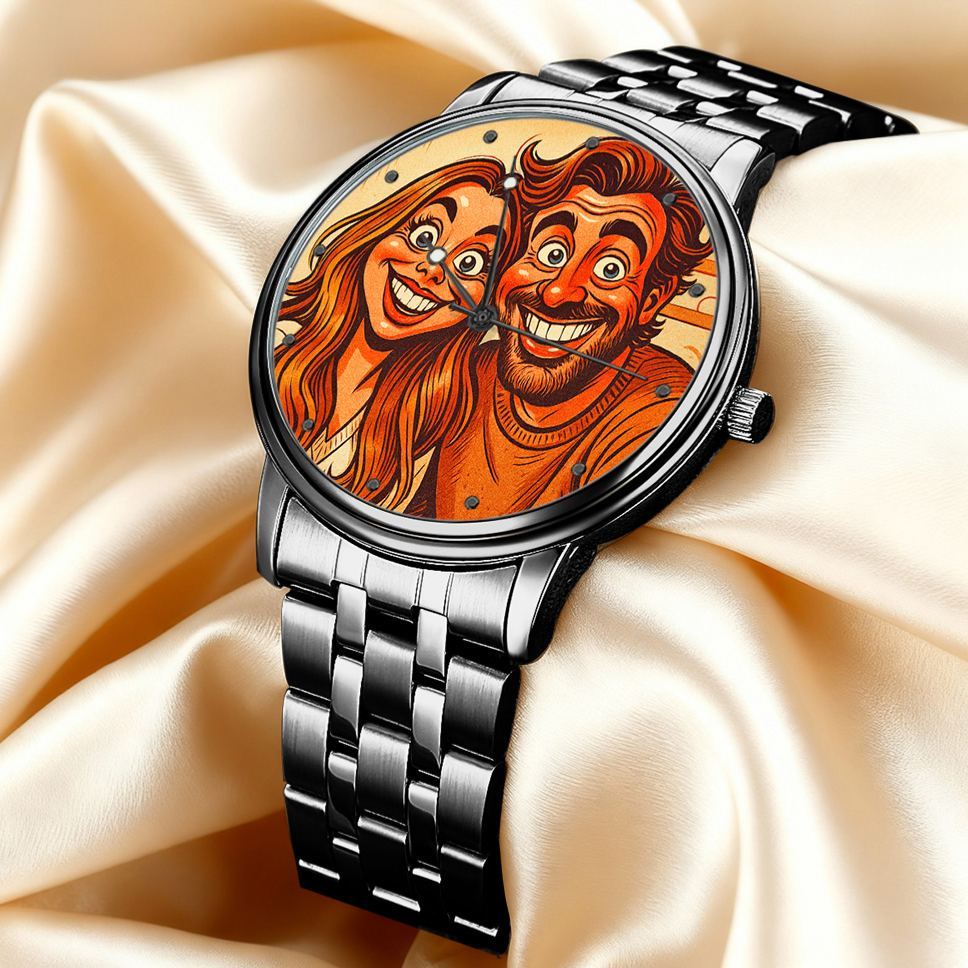 Custom Cartoon Photo Watch · Black Steel Edition | Timeless Love in Every Second | Best Christmas Gift for Family, Couple, Friend