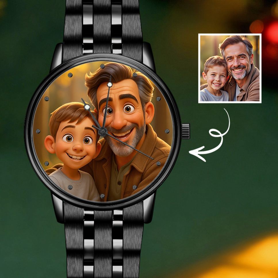 Custom Cartoon Photo Watch · Black Steel Edition | Timeless Love in Every Second | Best Christmas Gift for Family, Couple, Friend