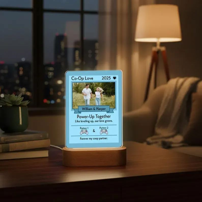 Personalized Anime Game Card Night Light With Wooden Base, Custom Couple Valentine's Day Anniversary Gifts,  Wedding Gift, Gamer Birthday Gift for Him or Her