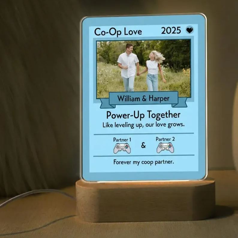 Personalized Anime Game Card Night Light With Wooden Base, Custom Couple Valentine's Day Anniversary Gifts,  Wedding Gift, Gamer Birthday Gift for Him or Her