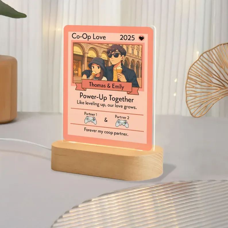 Personalized Anime Game Card Night Light With Wooden Base, Custom Couple Valentine's Day Anniversary Gifts,  Wedding Gift, Gamer Birthday Gift for Him or Her