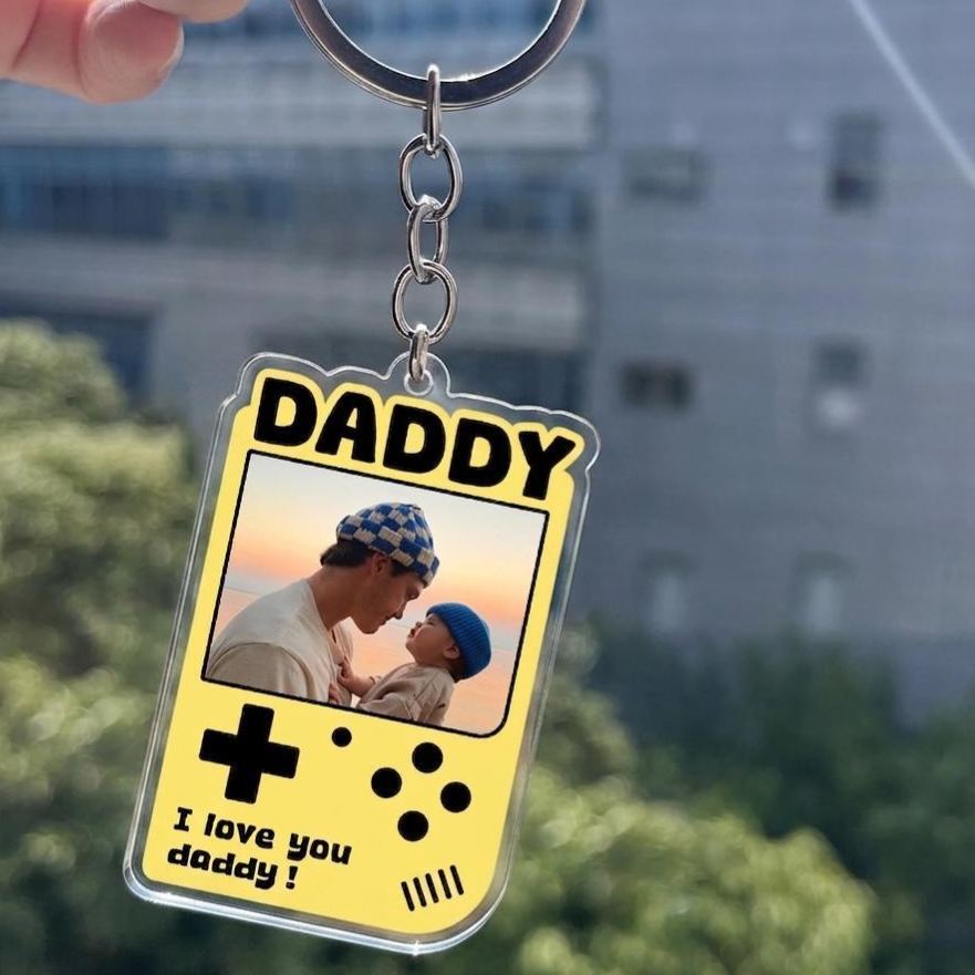 Custom Retro Game Console Photo Keychain for Dad – Personalized Acrylic Keychain from Photo, Father’s Day Gift for Daddy, Cute Gamer Style Keepsake