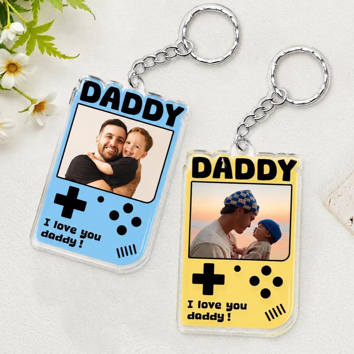 Custom Retro Game Console Photo Keychain for Dad – Personalized Acrylic Keychain from Photo, Father’s Day Gift for Daddy, Cute Gamer Style Keepsake