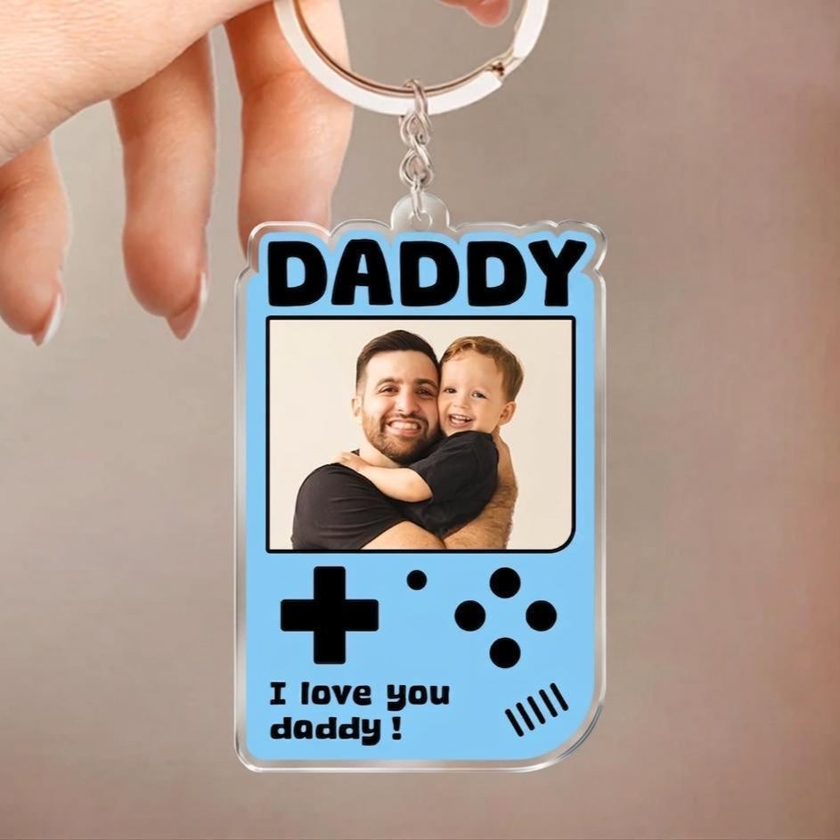 Custom Retro Game Console Photo Keychain for Dad – Personalized Acrylic Keychain from Photo, Father’s Day Gift for Daddy, Cute Gamer Style Keepsake