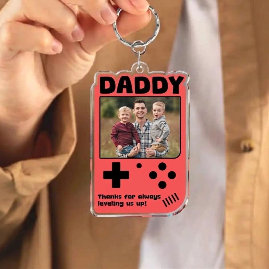 Custom Retro Game Console Photo Keychain for Dad – Personalized Acrylic Keychain from Photo, Father’s Day Gift for Daddy, Cute Gamer Style Keepsake