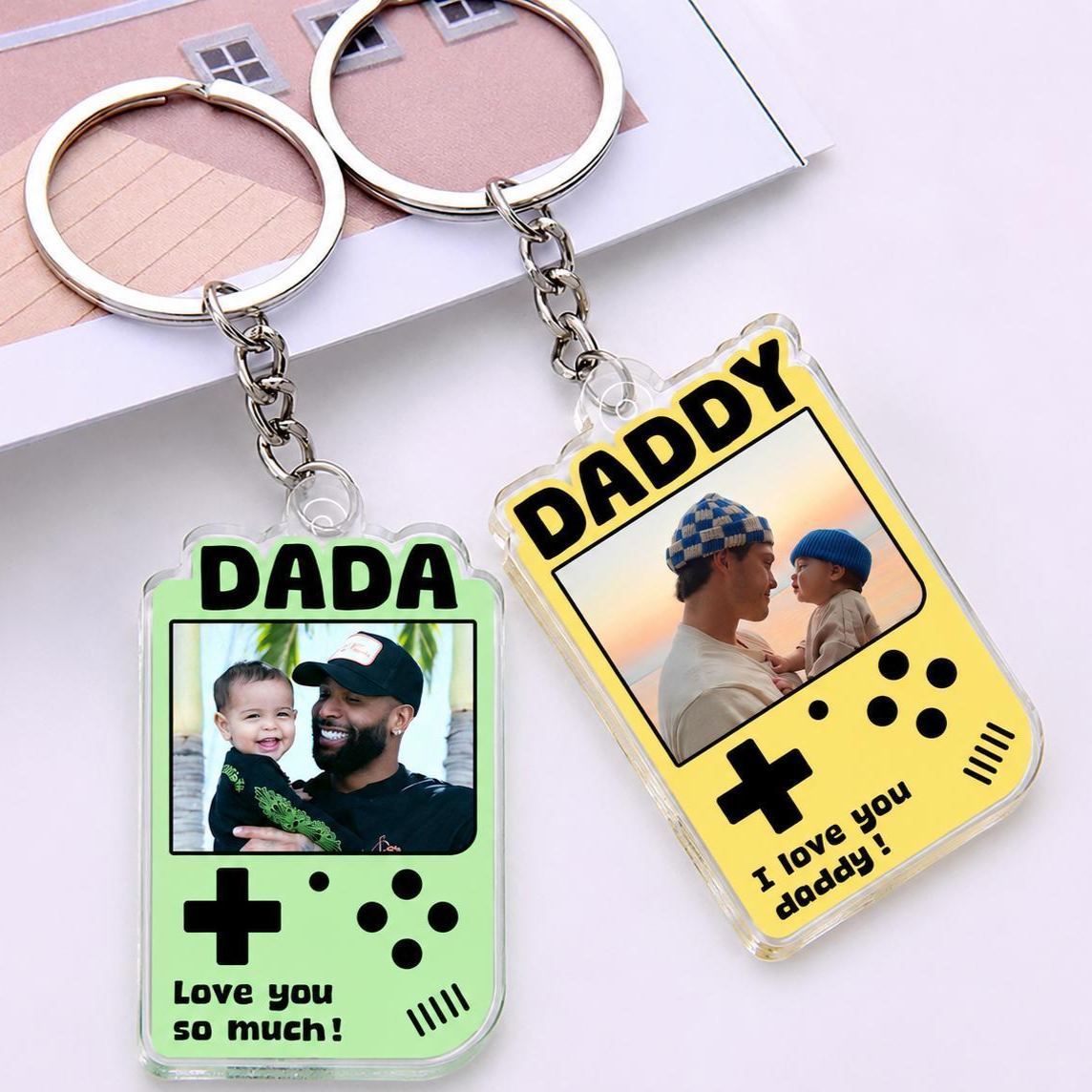 Custom Retro Game Console Photo Keychain for Dad – Personalized Acrylic Keychain from Photo, Father’s Day Gift for Daddy, Cute Gamer Style Keepsake