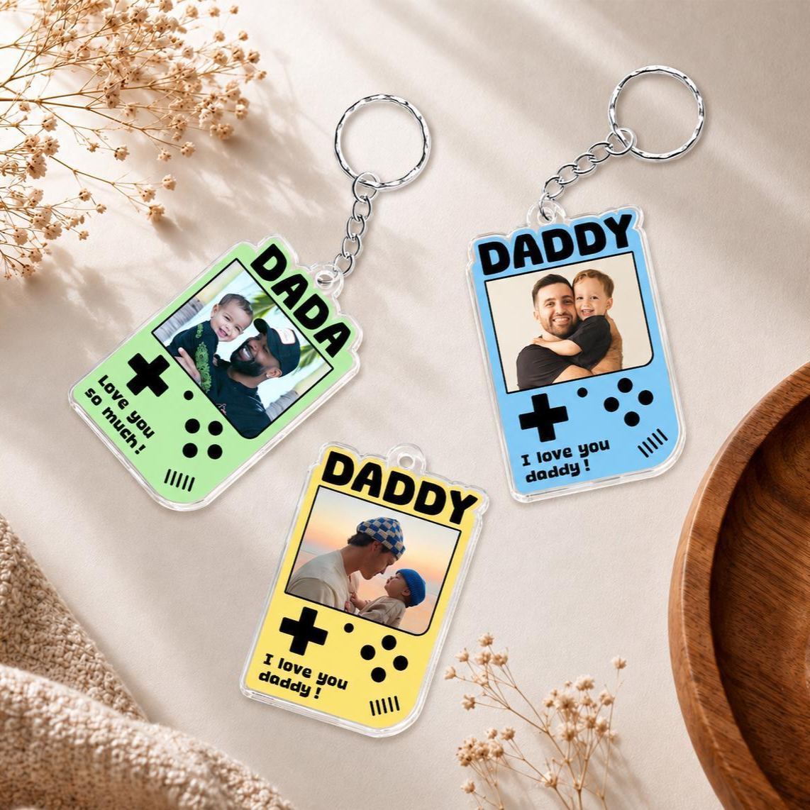 Custom Retro Game Console Photo Keychain for Dad – Personalized Acrylic Keychain from Photo, Father’s Day Gift for Daddy, Cute Gamer Style Keepsake